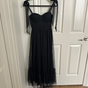 Black Swiss Dot Tulle Bustier Midi Dress - Tie Strap Tiered Ruffle Hem - Small